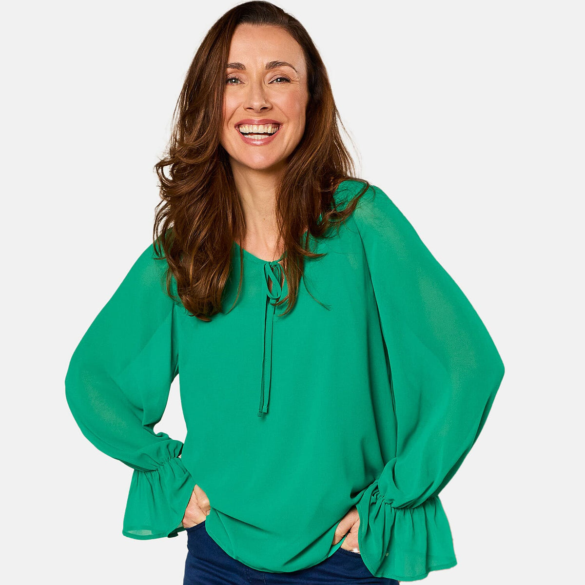 2 1 Long Sleeve Sheer Frill Top Emerald