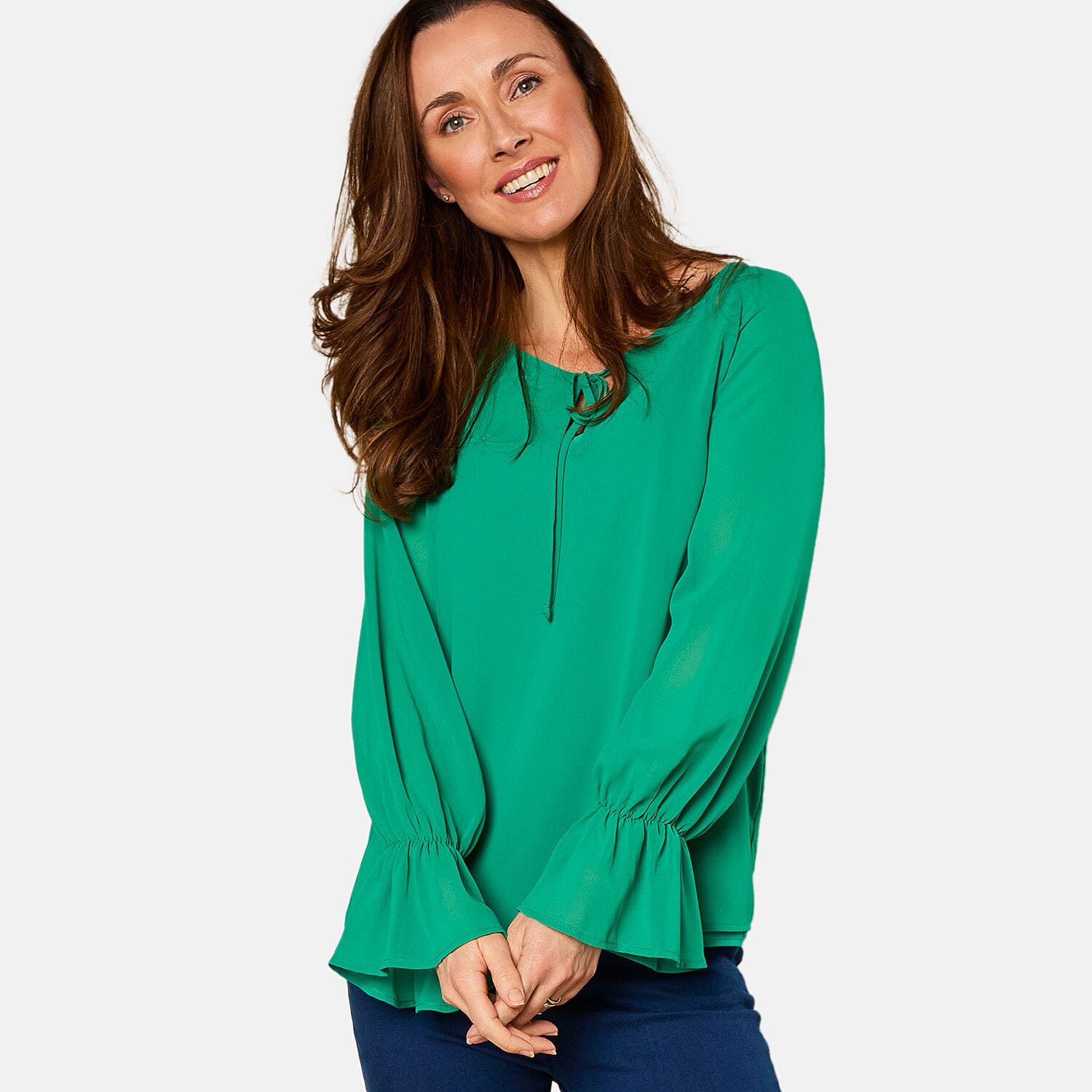 EMRECO 2 in 1 Long Sleeve Sheer Frill Top (Size 20) - Emerald