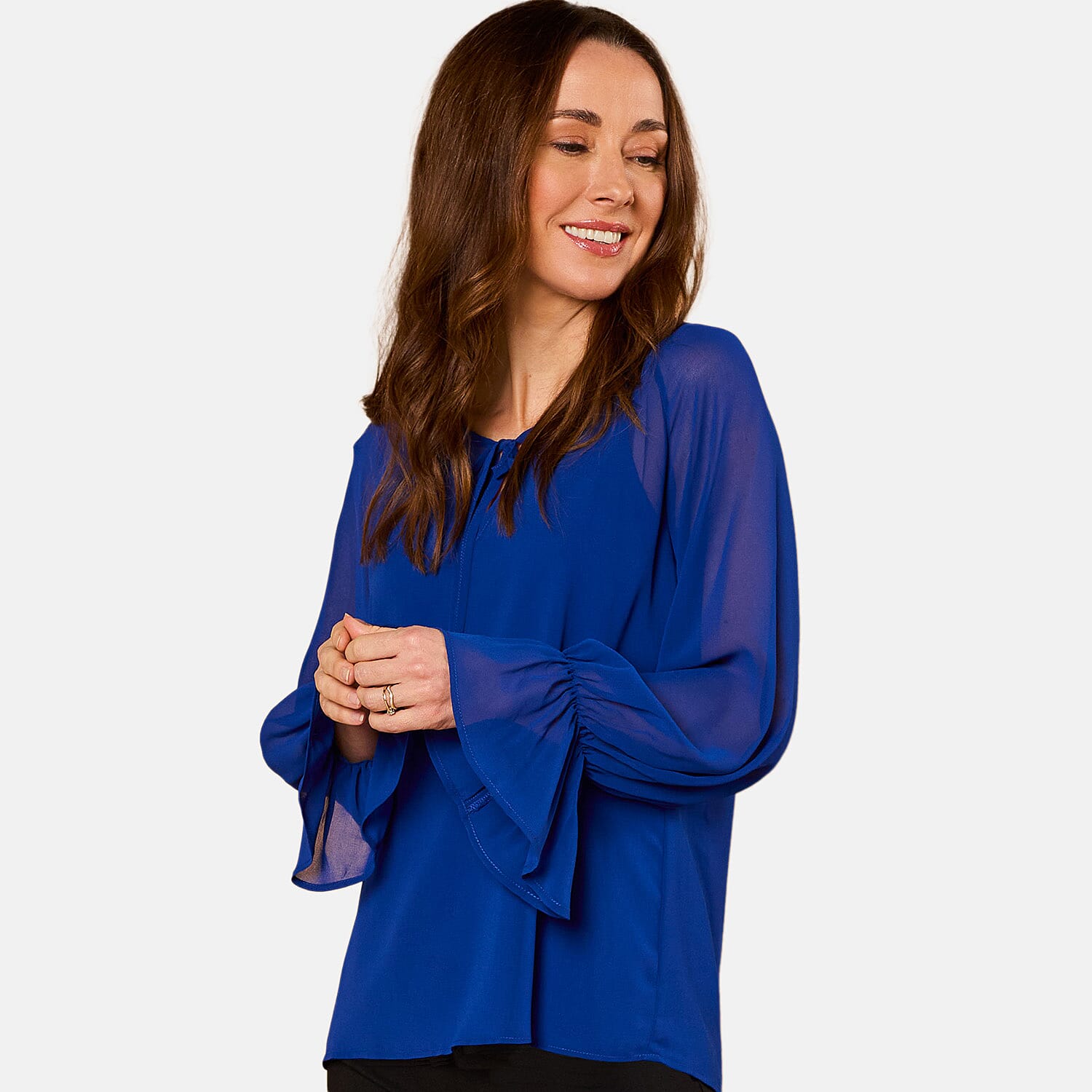 EMRECO 2 in 1 Long Sleeve Sheer Frill Top (Size 16) - Royal Blue