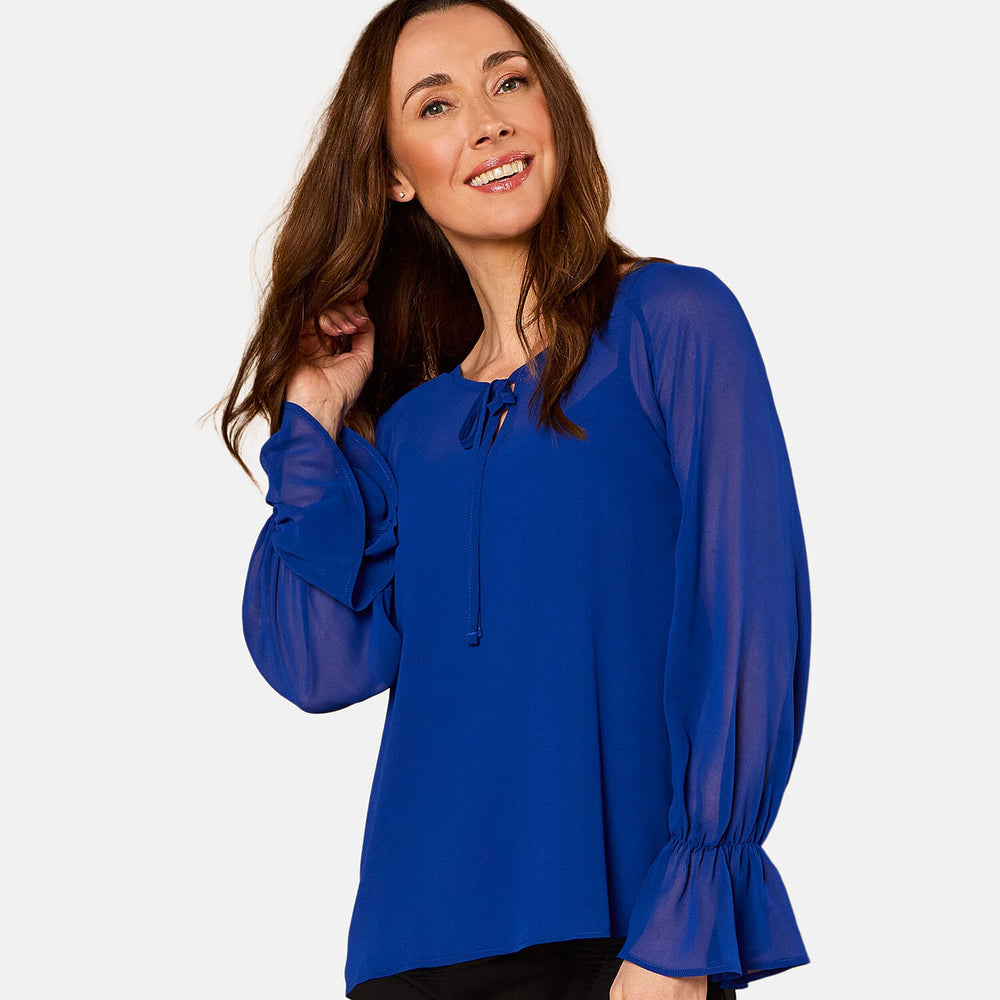 EMRECO 2 in 1 Long Sleeve Sheer Frill Top (Size 18) - Royal Blue