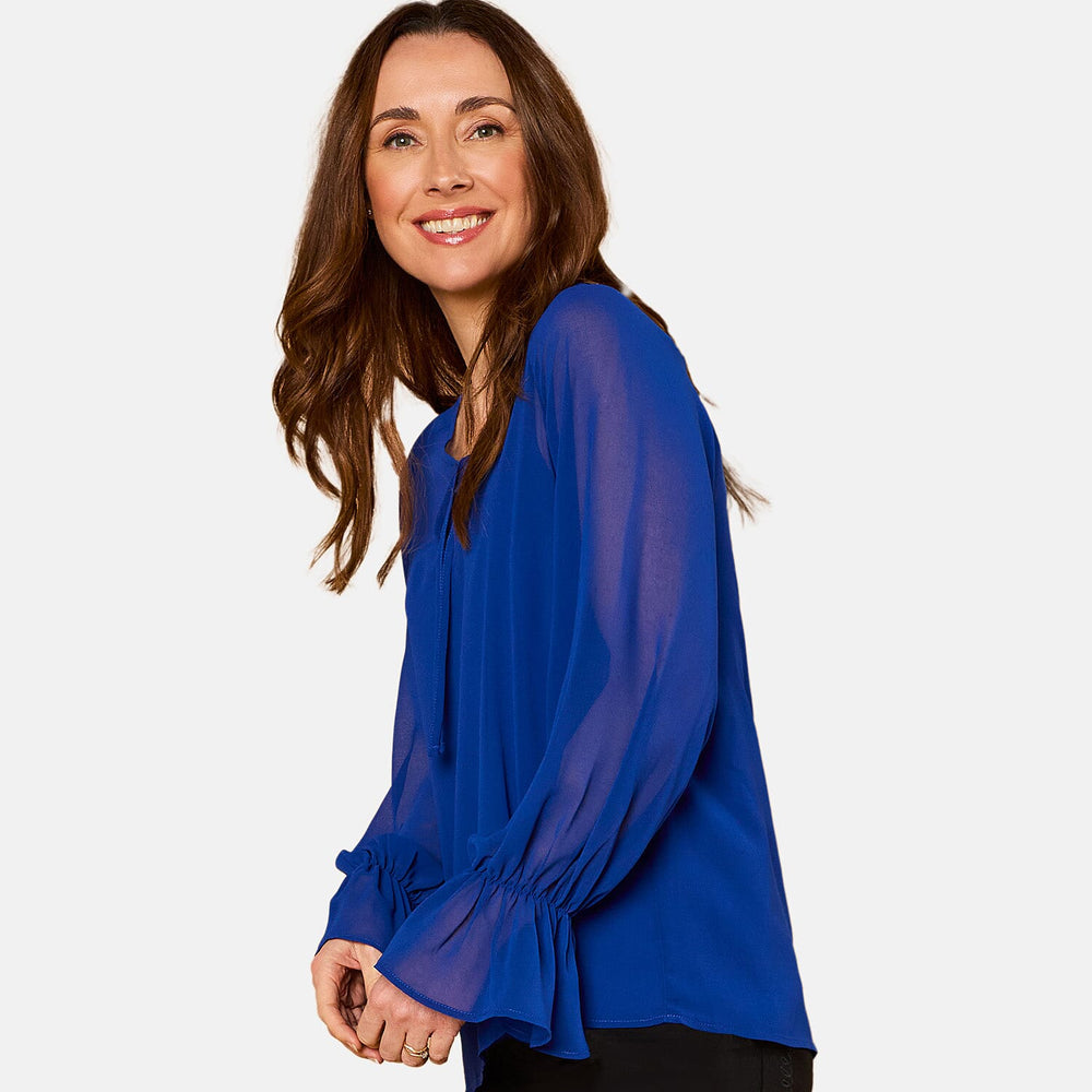 EMRECO 2 in 1 Long Sleeve Sheer Frill Top (Size 18) - Royal Blue