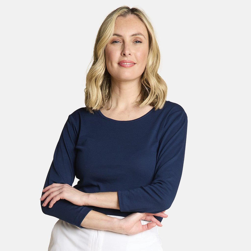 Emreco Relaxed Fit 3-4 Sleeve Crew Neck Classic Top (Size 12) - Navy