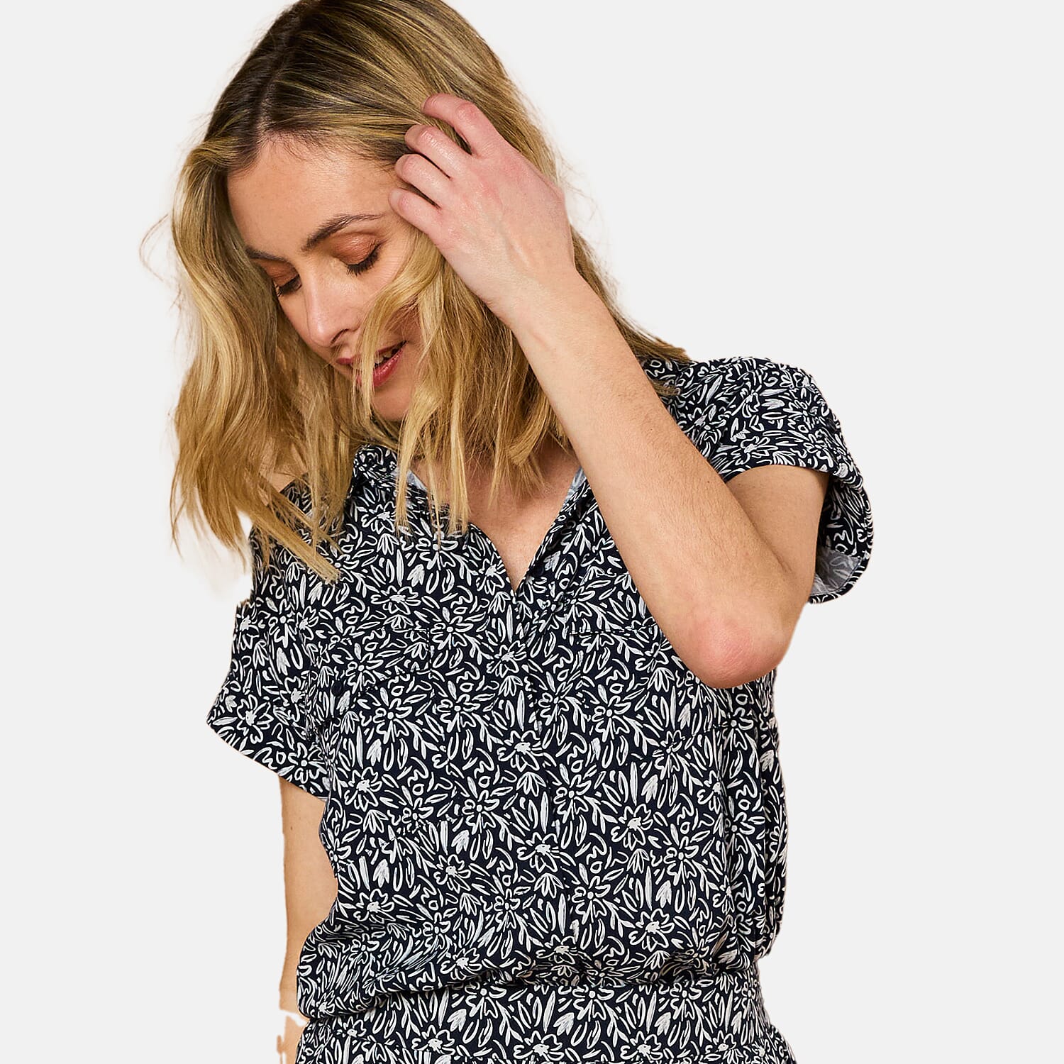 Emreco 100% Viscose Roll Sleeve Relaxed Fit Print Blouse (Size 18) - Navy