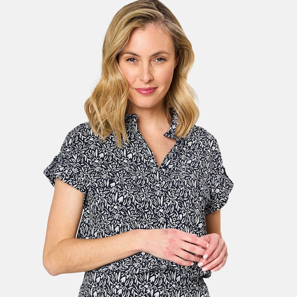 Emreco 100% Viscose Roll Sleeve Relaxed Fit Print Blouse (Size 20) - Navy