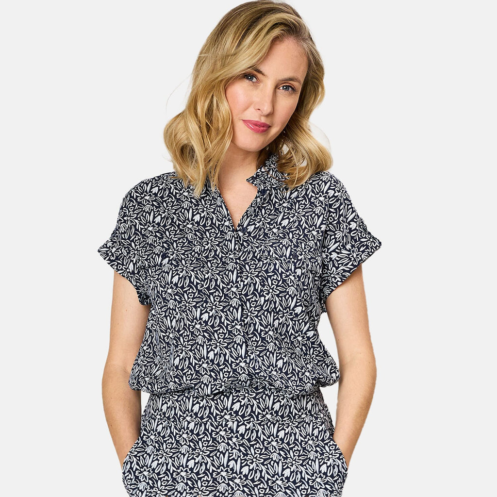 Emreco 100% Viscose Roll Sleeve Relaxed Fit Print Blouse (Size 20) - Navy