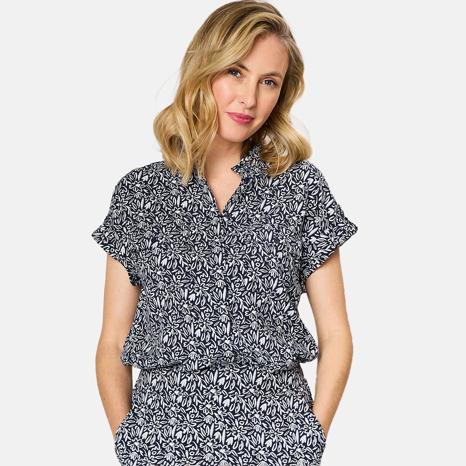 Emreco 100% Viscose Roll Sleeve Relaxed Fit Print Blouse (Size 20) - Navy