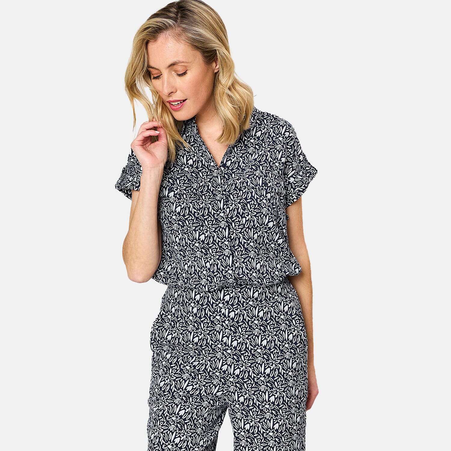 Emreco 100% Viscose Roll Sleeve Relaxed Fit Print Blouse (Size 20) - Navy