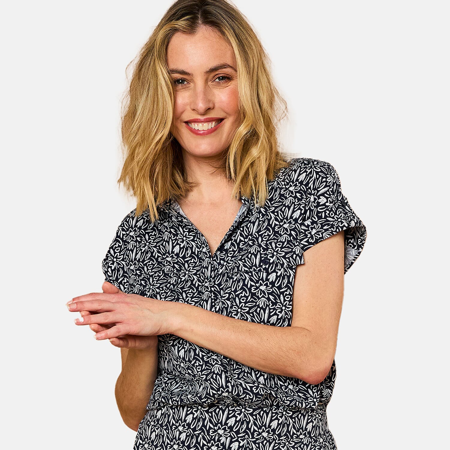 Emreco 100% Viscose Roll Sleeve Relaxed Fit Print Blouse (Size 20) - Navy