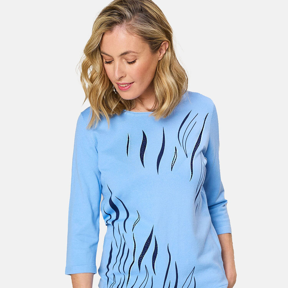 EMRECO 3-4 Sleeve Zebra Stripe Jumper (Size M) - Blue
