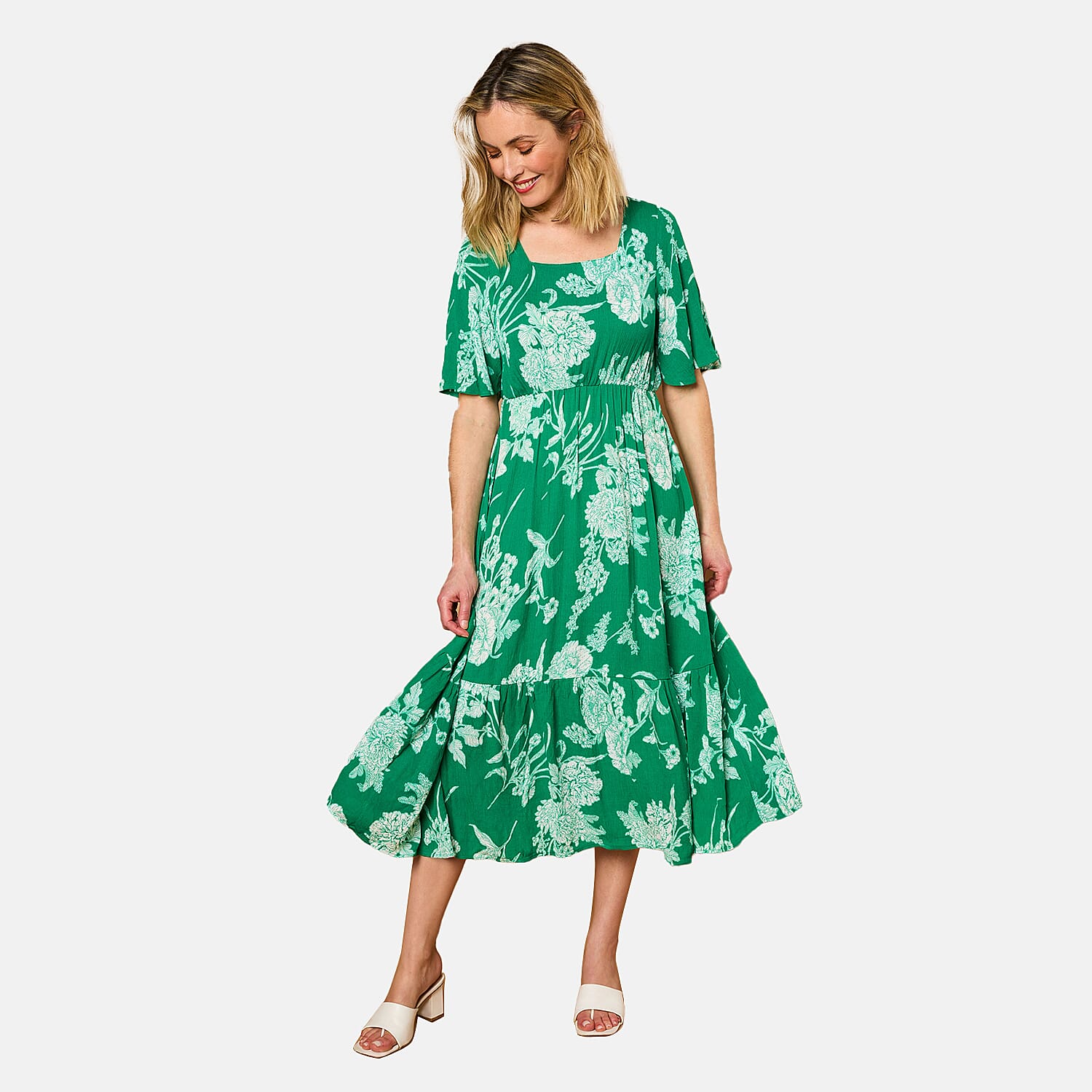 Emreco 100% Viscose Short Sleeve Floral Print Midi Dress (Size 18) - Emerald