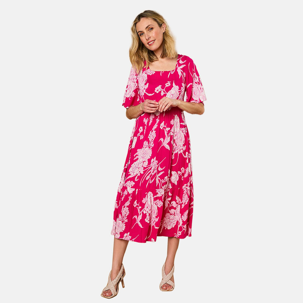 Emreco 100% Viscose Short Sleeve Floral Print Midi dress (Size 16) - Hot Pink