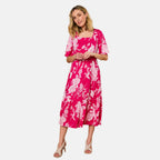 Emreco 100% Viscose Short Sleeve Floral Print Midi dress (Size 16) - Hot Pink