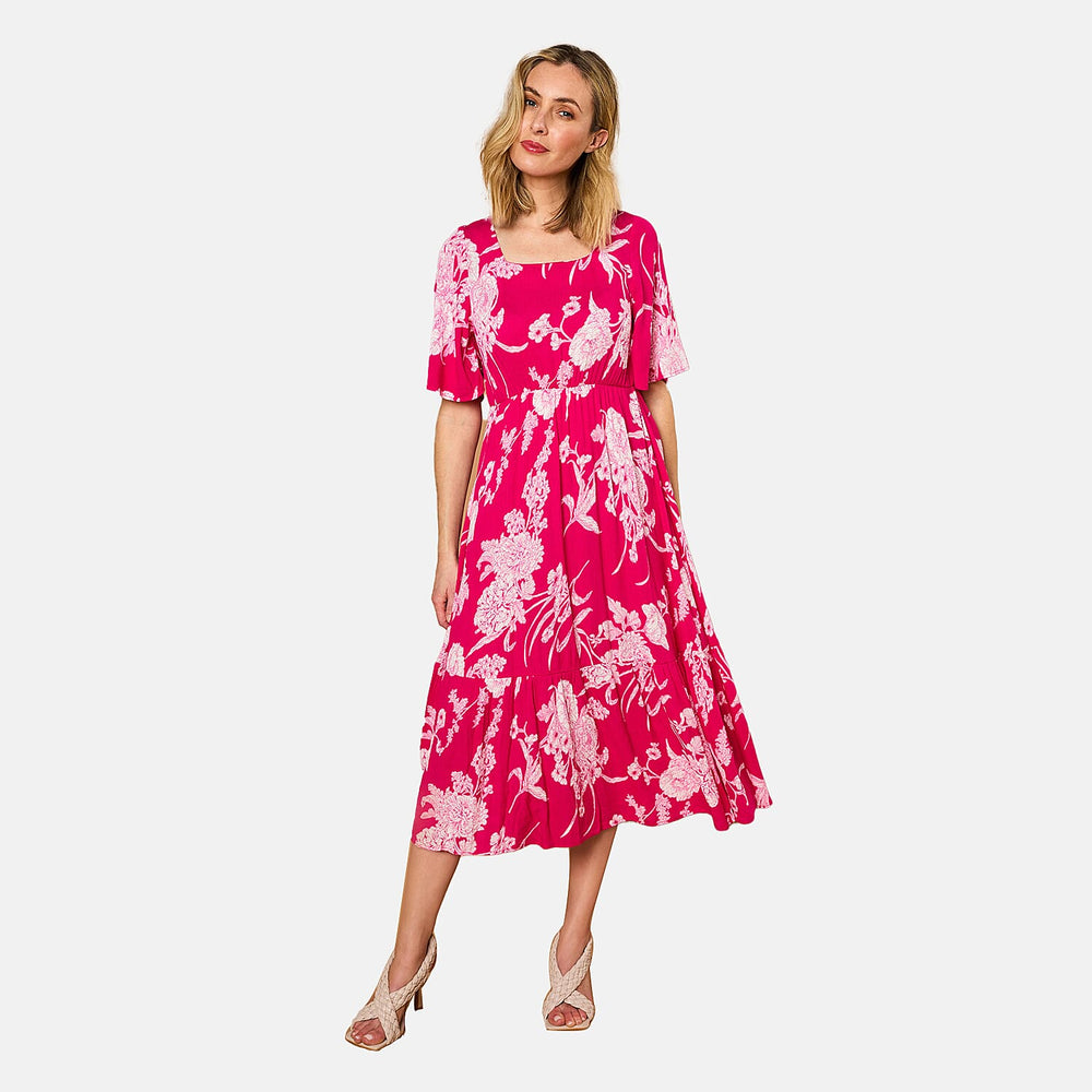 Emreco 100% Viscose Short Sleeve Floral Print Midi dress (Size 20)  - Hot Pink