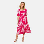 Emreco 100% Viscose Short Sleeve Floral Print Midi dress (Size 20)  - Hot Pink