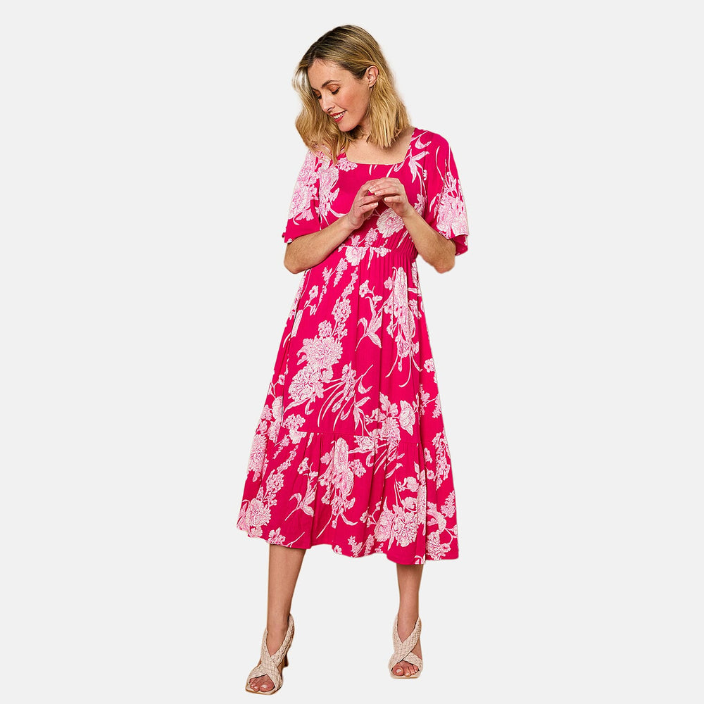Emreco 100% Viscose Short Sleeve Floral Print Midi dress (Size 20)  - Hot Pink