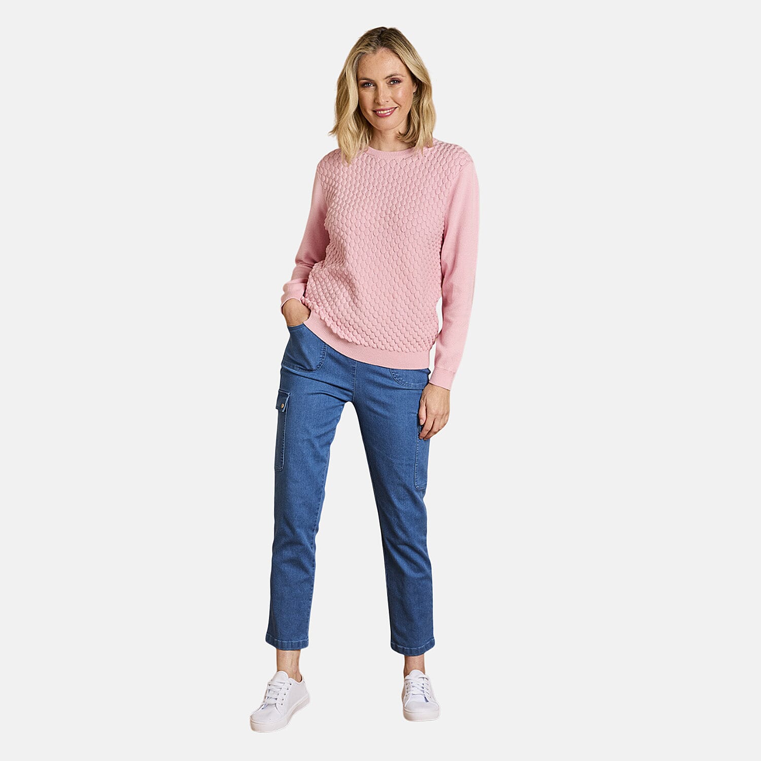Emreco Womens Knitted Bubble Textured Round Neck Jumper (Size L) - Pink