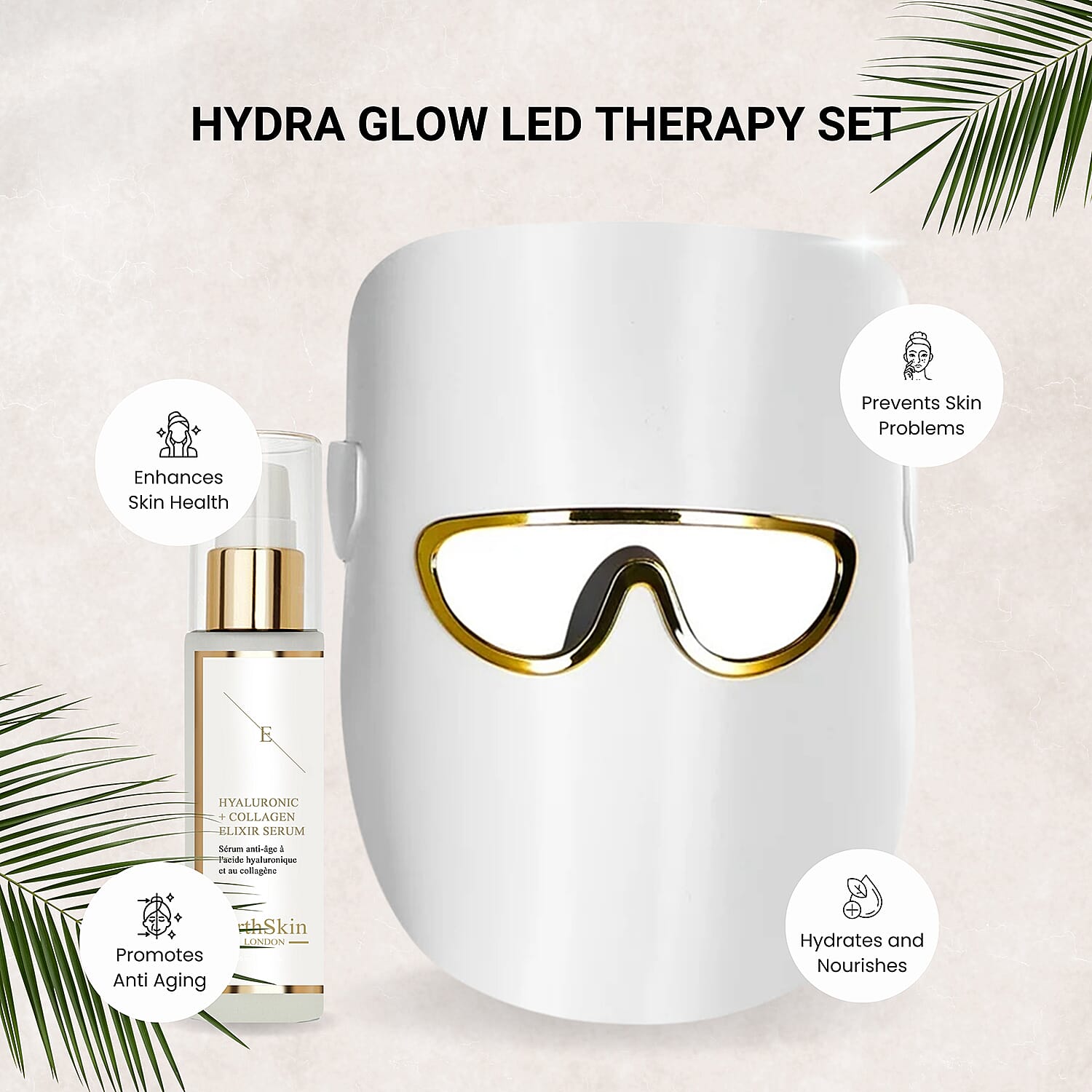 Erth Beauty Hydra Glow Led Therapy Set (Led Light Therapy Mask White with Ha Serum)