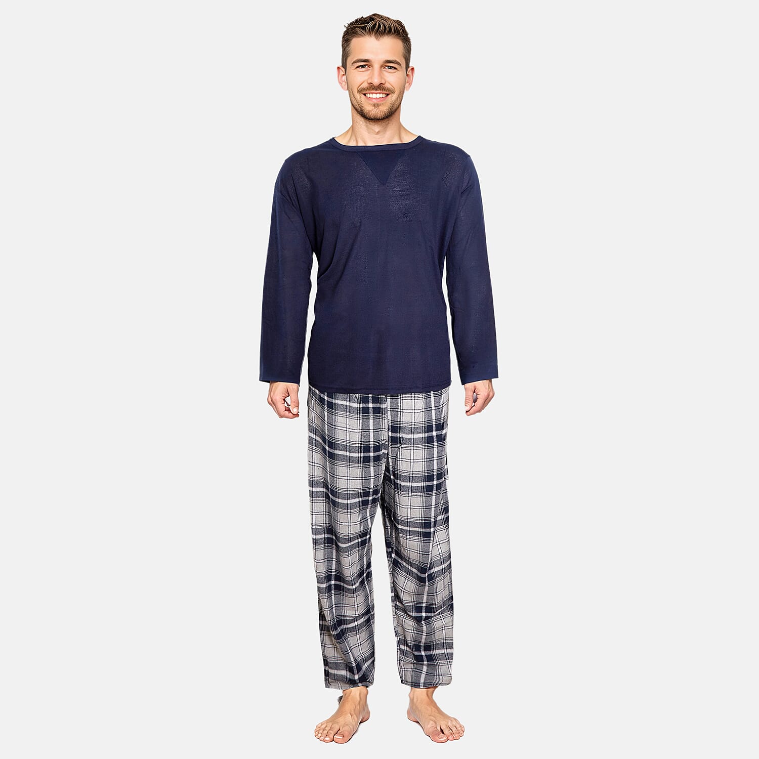 Essential Sleepwear Mens Waffle T-Shirt with Check Flannel Lounge Pants (Size M) - Navy & Grey