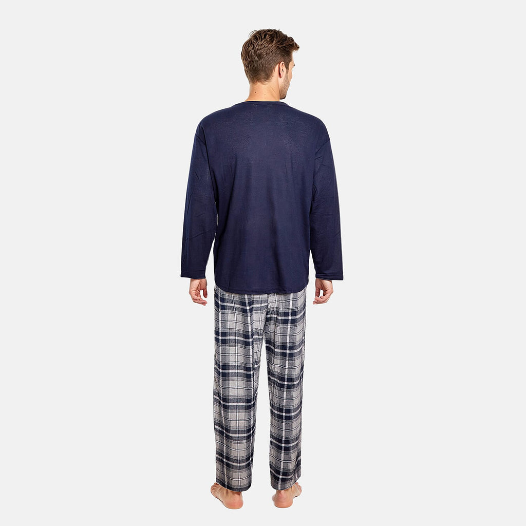 Essential Sleepwear Mens Waffle T-Shirt with Check Flannel Lounge Pants (Size M) - Navy & Grey