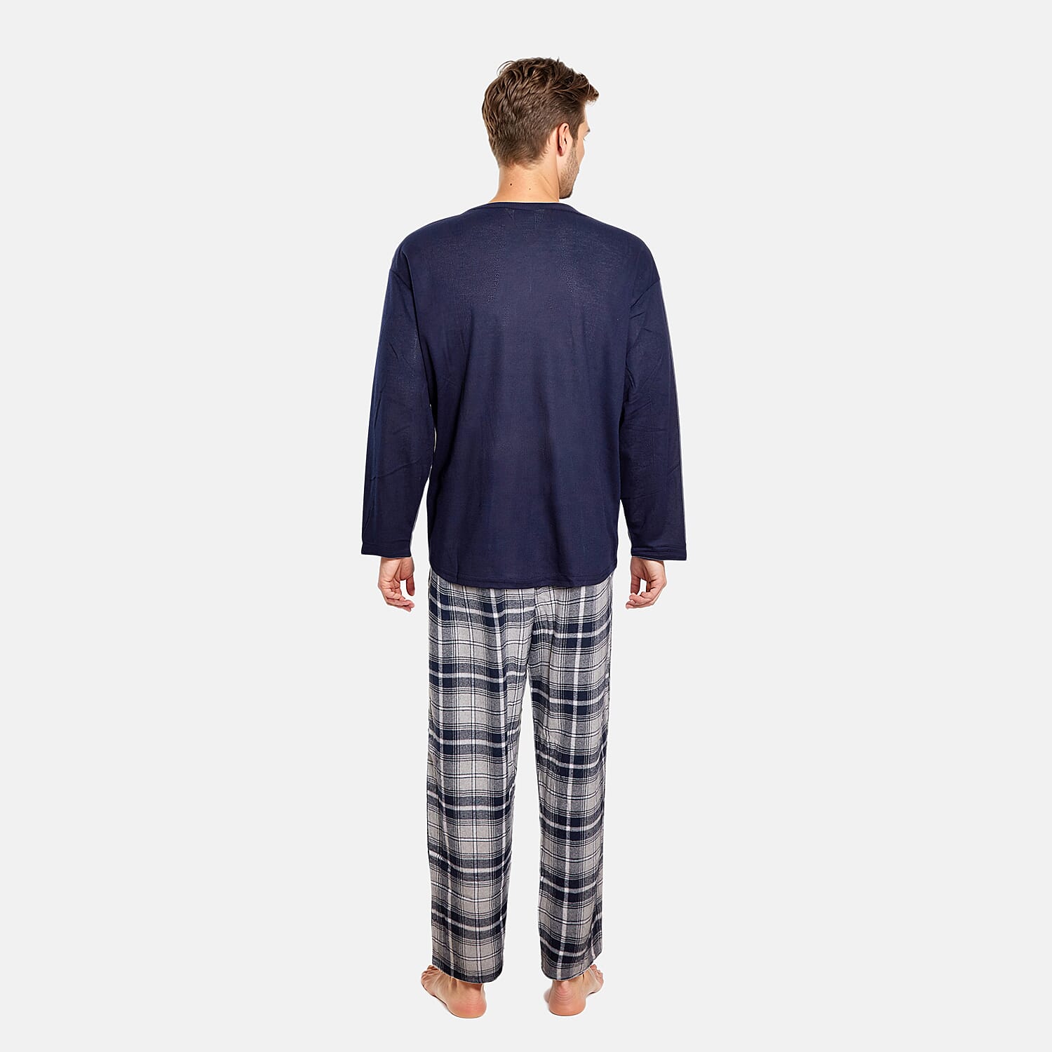 Essential Sleepwear Mens Waffle T-Shirt with Check Flannel Lounge Pants (Size M) - Navy & Grey