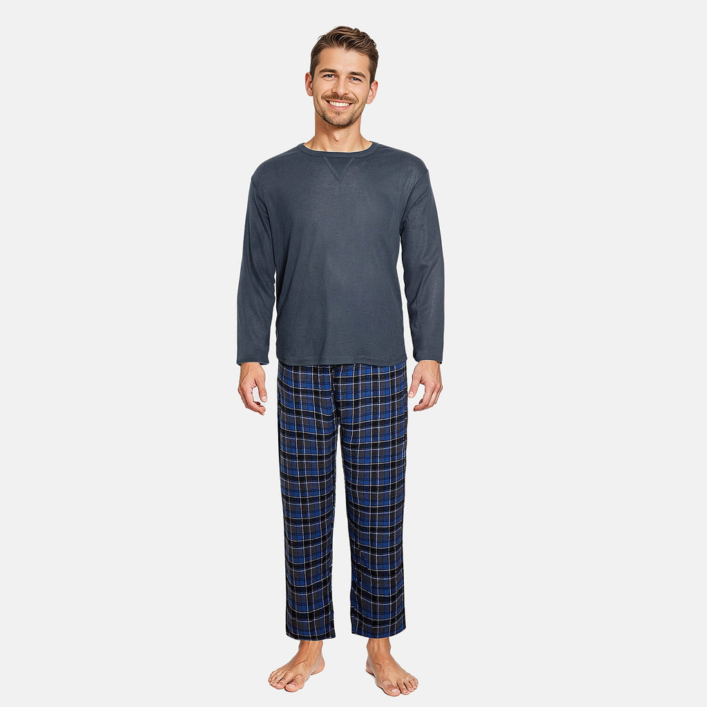 Essential Sleepwear Mens Waffle T-Shirt with Check Flannel Lounge Pants (Size M) - Teal & Blue