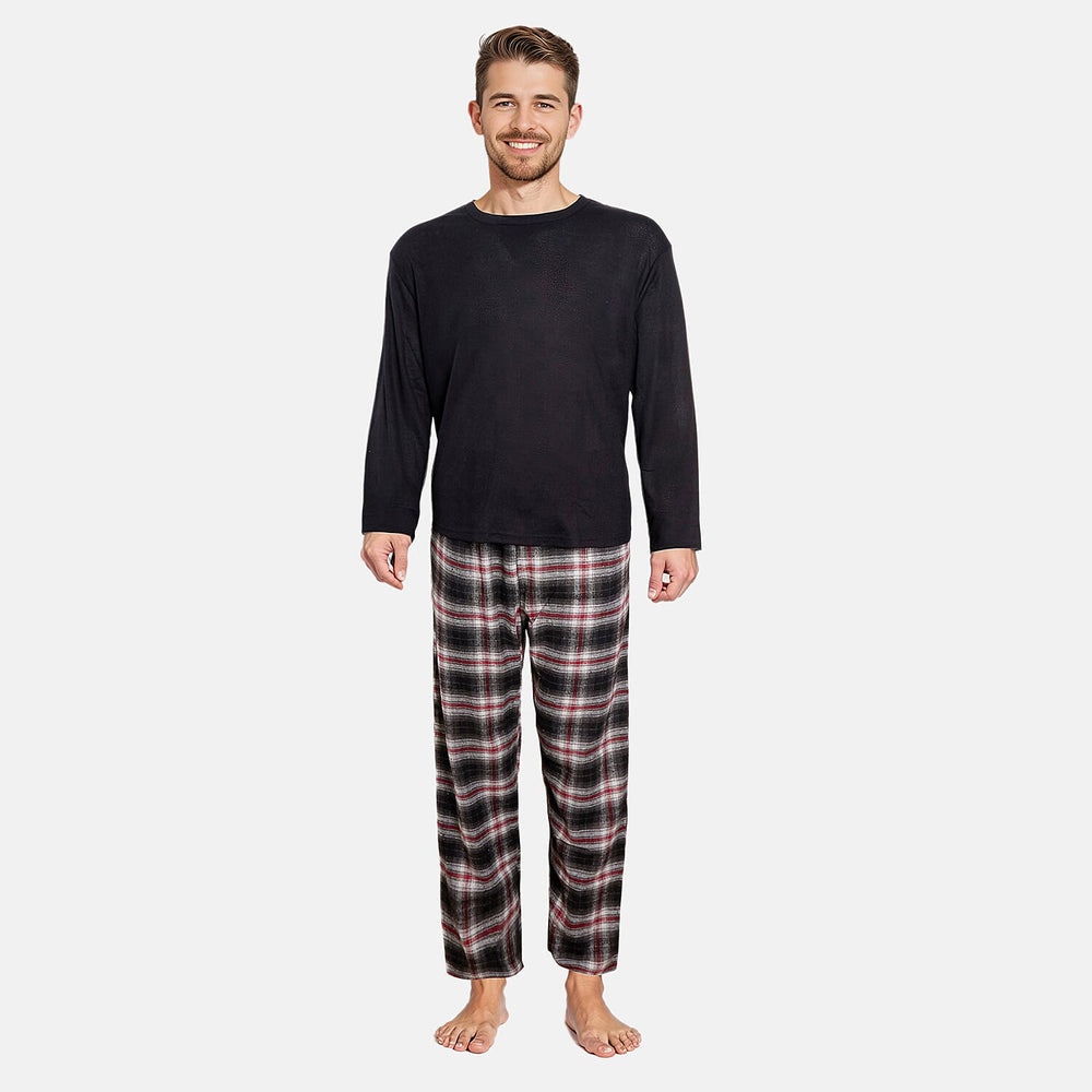 Essential Sleepwear Waffle T-Shirt with Check Flannel Lounge Pants (Size M) - Black & Charcoal