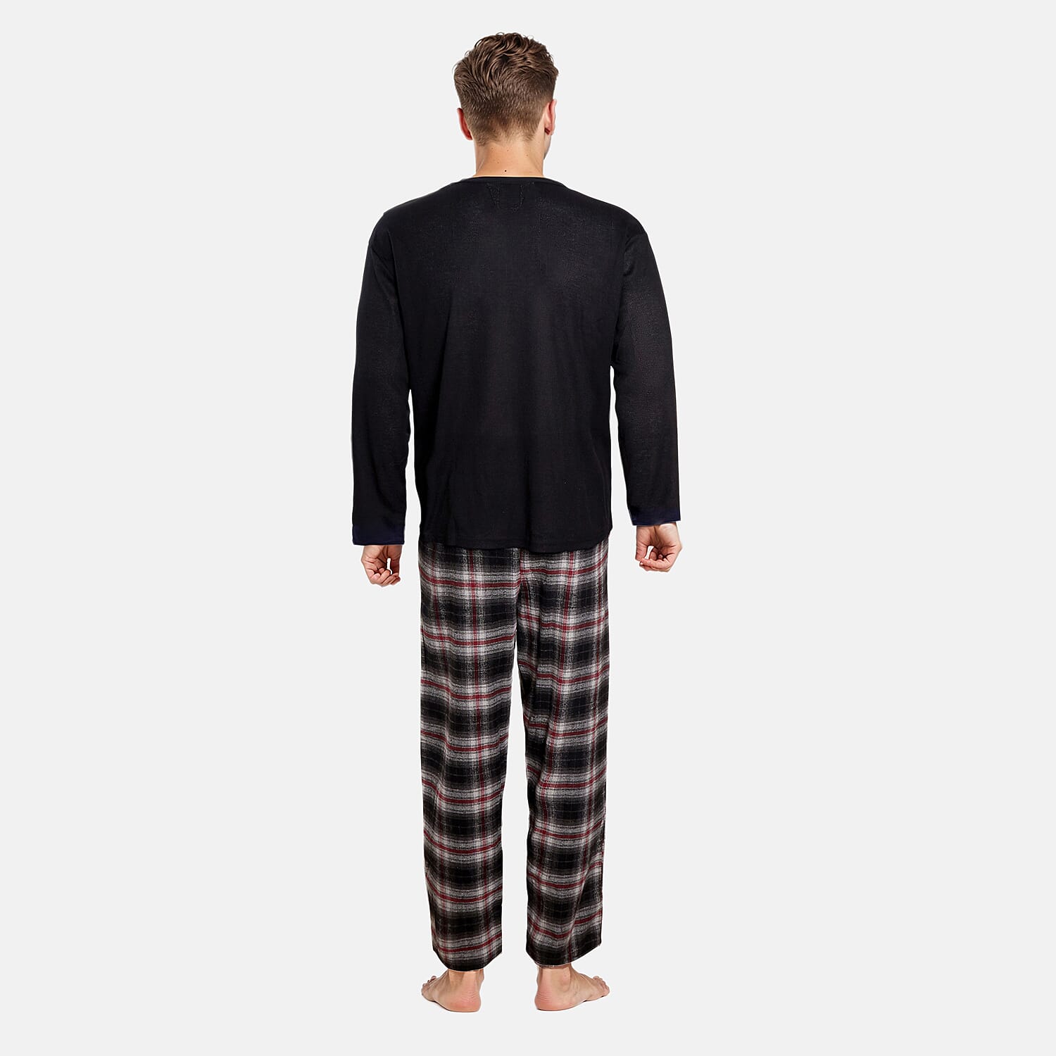 Essential Sleepwear Waffle T-Shirt with Check Flannel Lounge Pants (Size M) - Black & Charcoal