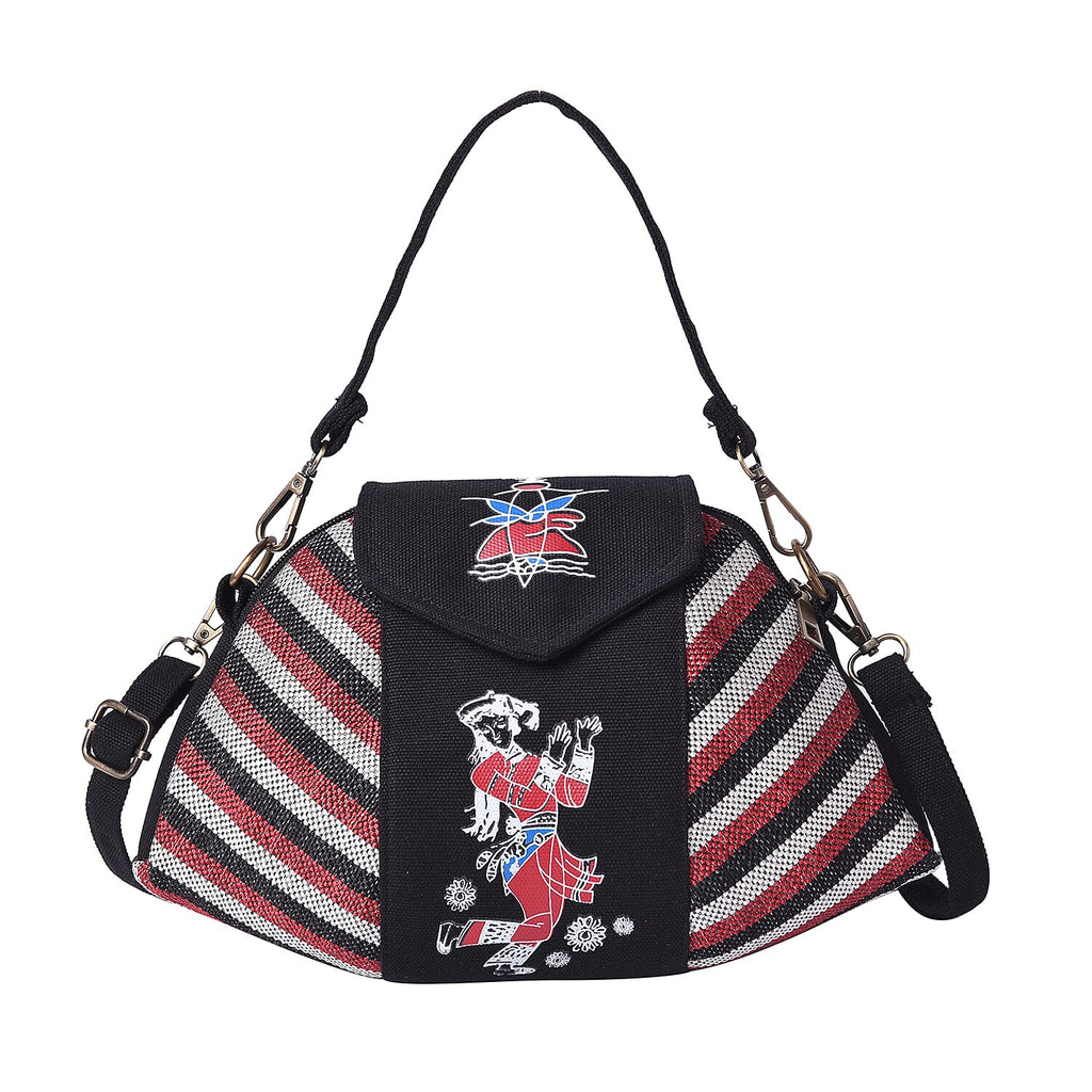 Ethnic Bag Collection - Classic Style Striped Tote Bag with Adjustable Shoulder Starp - Black and Multi