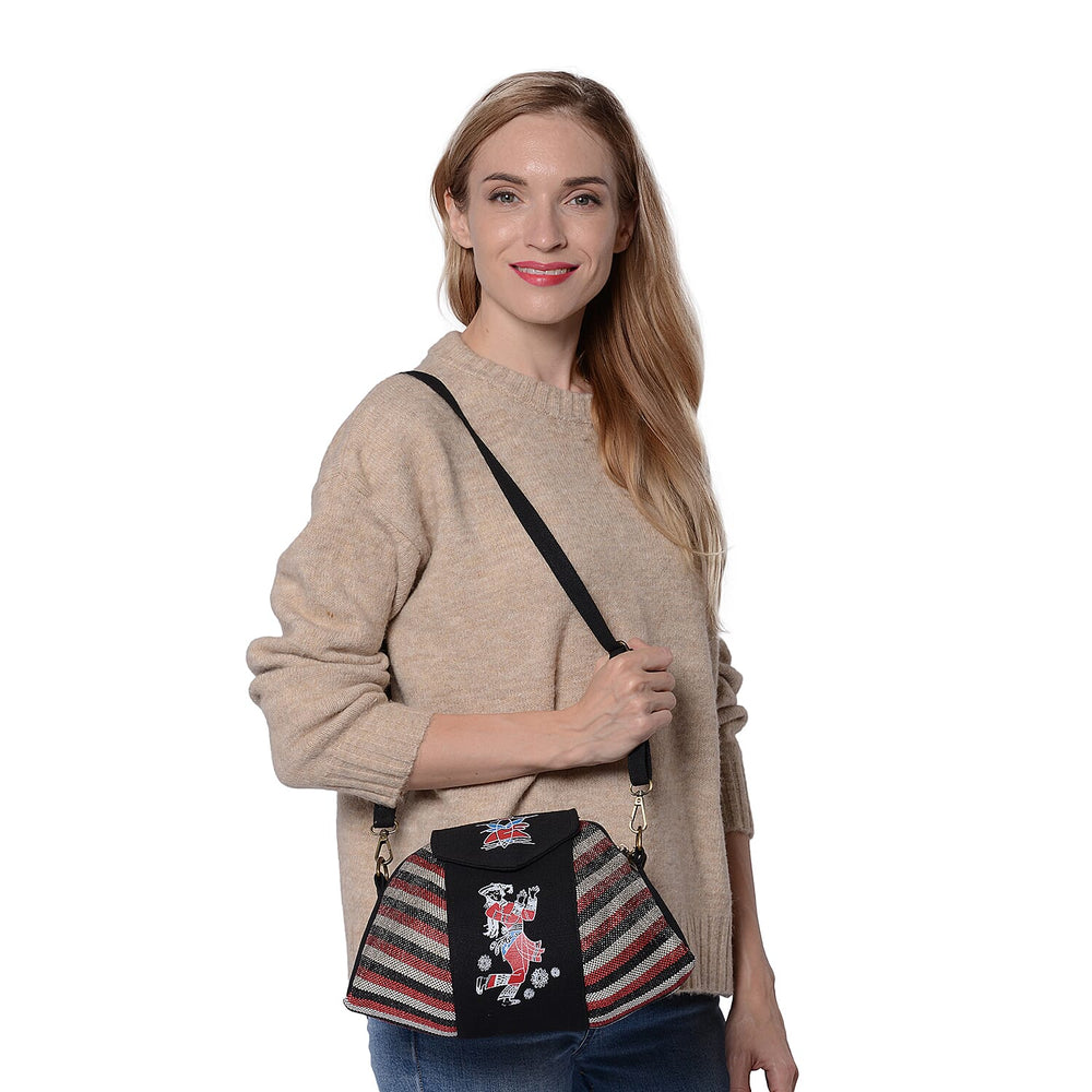 Ethnic Bag Collection - Classic Style Striped Tote Bag with Adjustable Shoulder Starp - Black and Multi