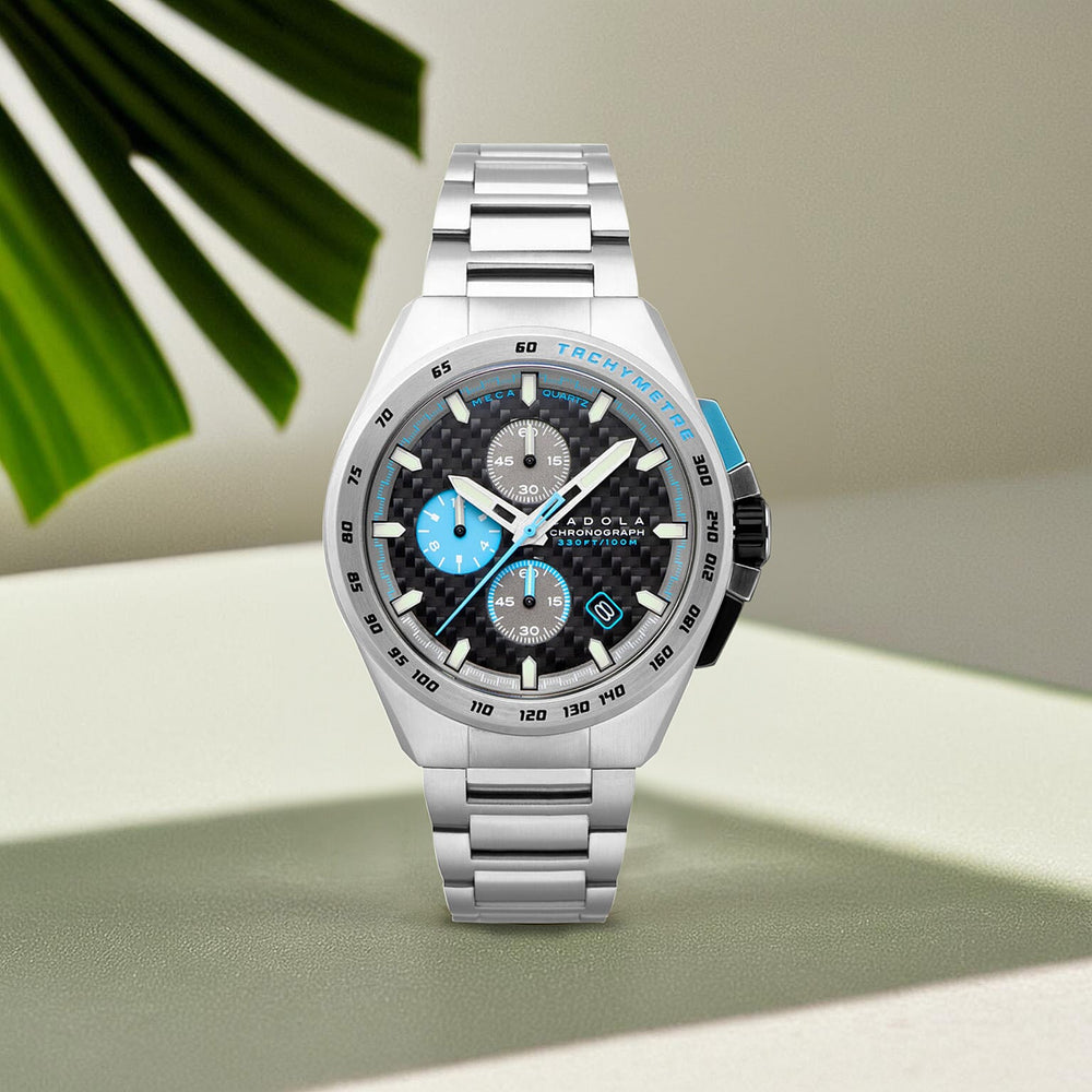 CADOLA Peterson Japanese Chronograph Movement Black Dial 10ATM Water Resistant Mens Watch with Stainless Steel Band and Blue Strap