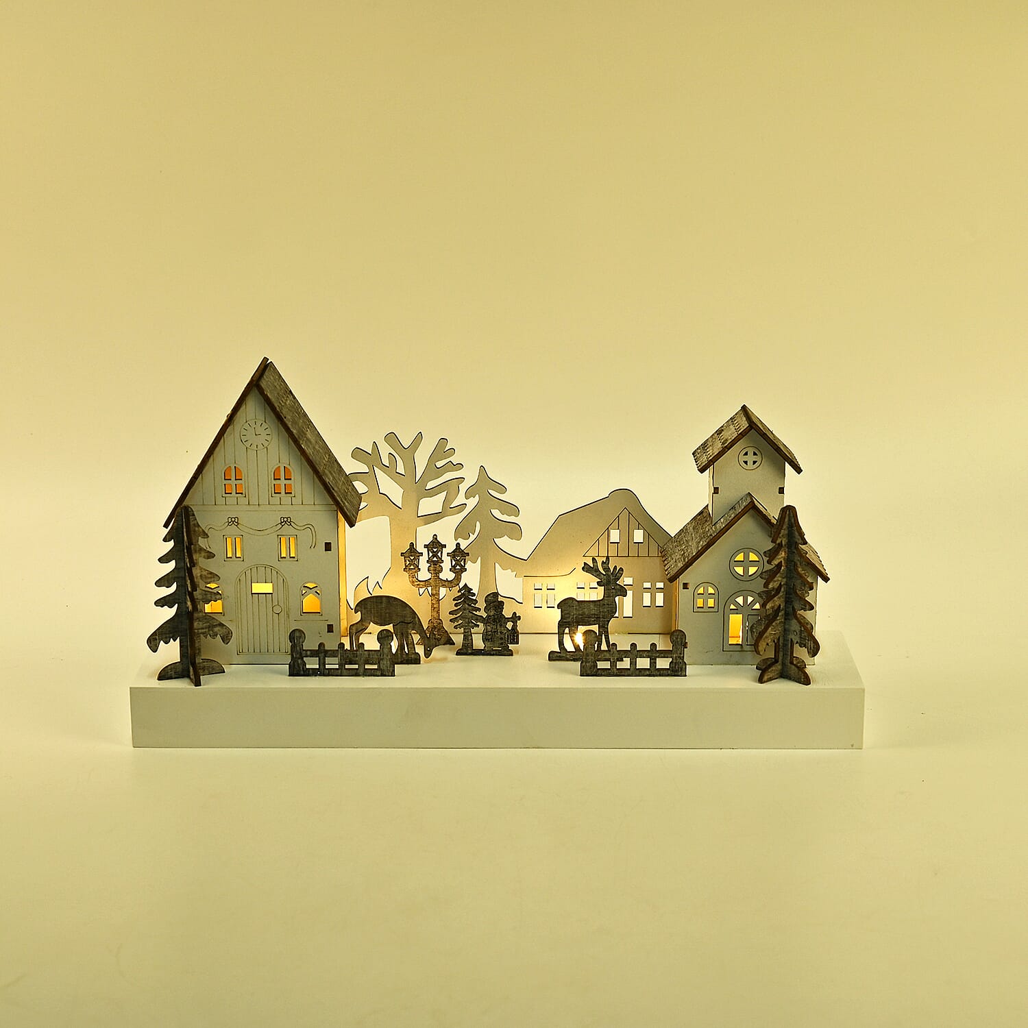 Exquisite Plywood Christmas Tree - House With 4 Warm LED Light(Battery Operated, 2AA Exclud.)
