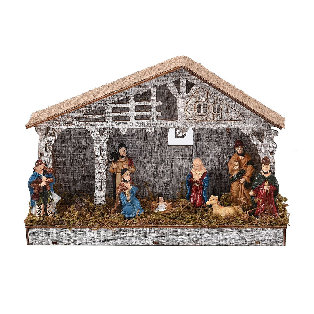 Exquisite Wood House Decoration with 7 LED Lights (Size 29x7x21 Cm) - Nativity