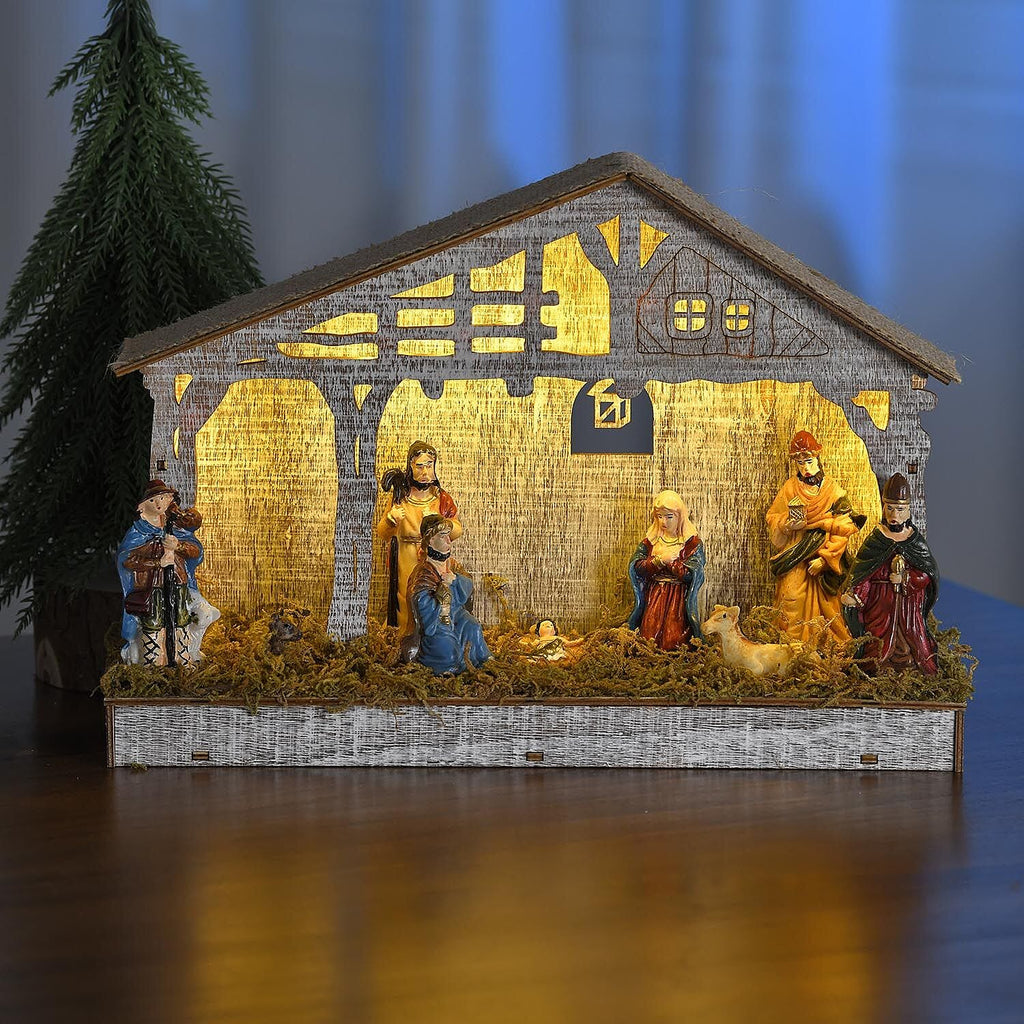 Exquisite Wood House Decoration with 7 LED Lights (Size 29x7x21 Cm) - Nativity