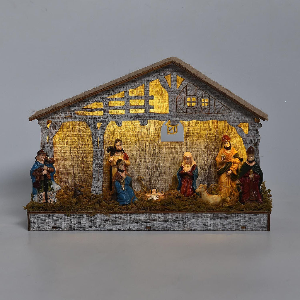 Exquisite Wood House Decoration with 7 LED Lights (Size 29x7x21 Cm) - Nativity