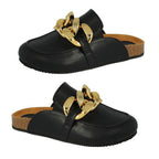 DESIGNER INSPIRED - Down To Earth Ladies Footbed Flat Sandal With Chunky Gold Chain (Size - 3) - Black