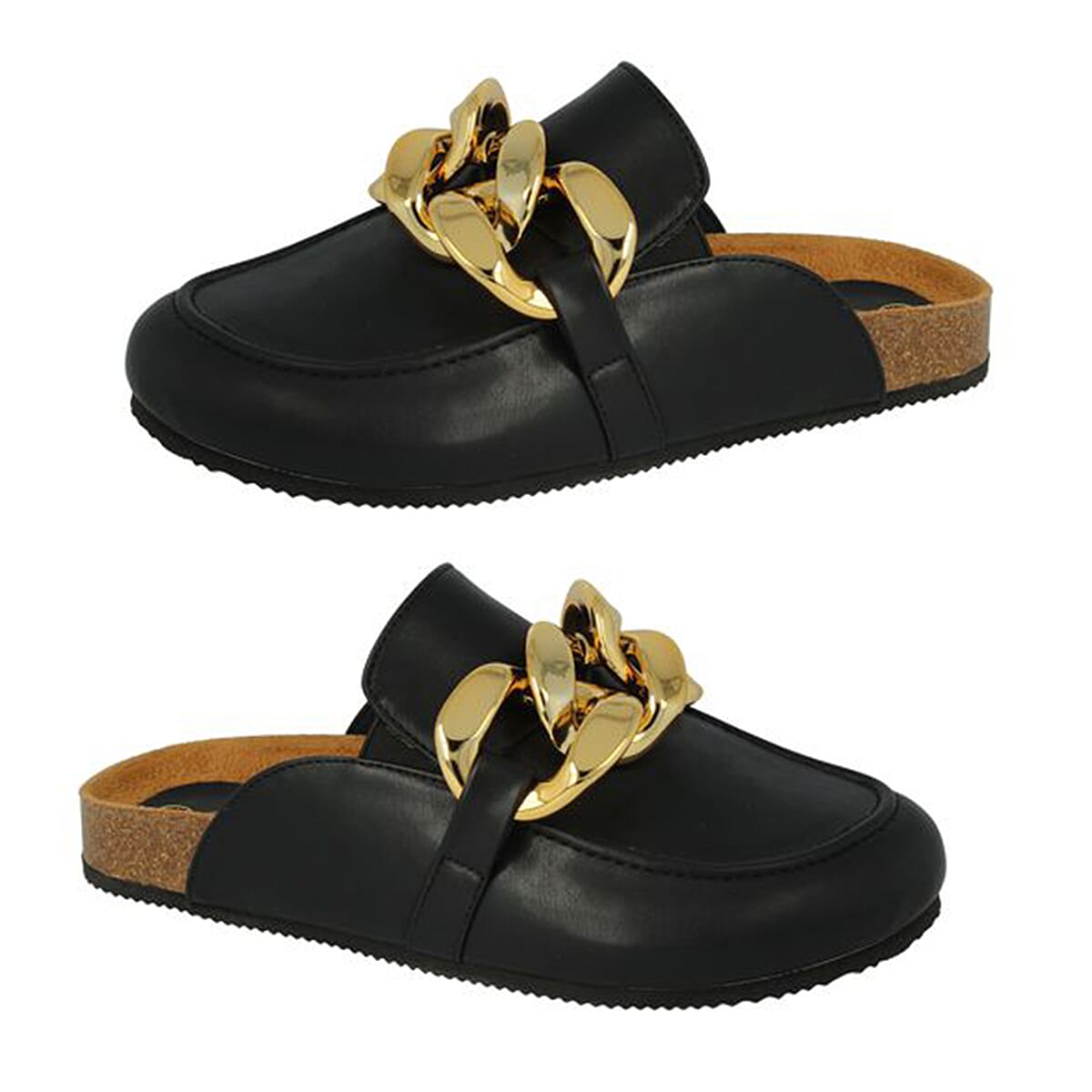 DESIGNER INSPIRED - Down To Earth Ladies Footbed Flat Sandal With Chunky Gold Chain (Size - 3) - Black