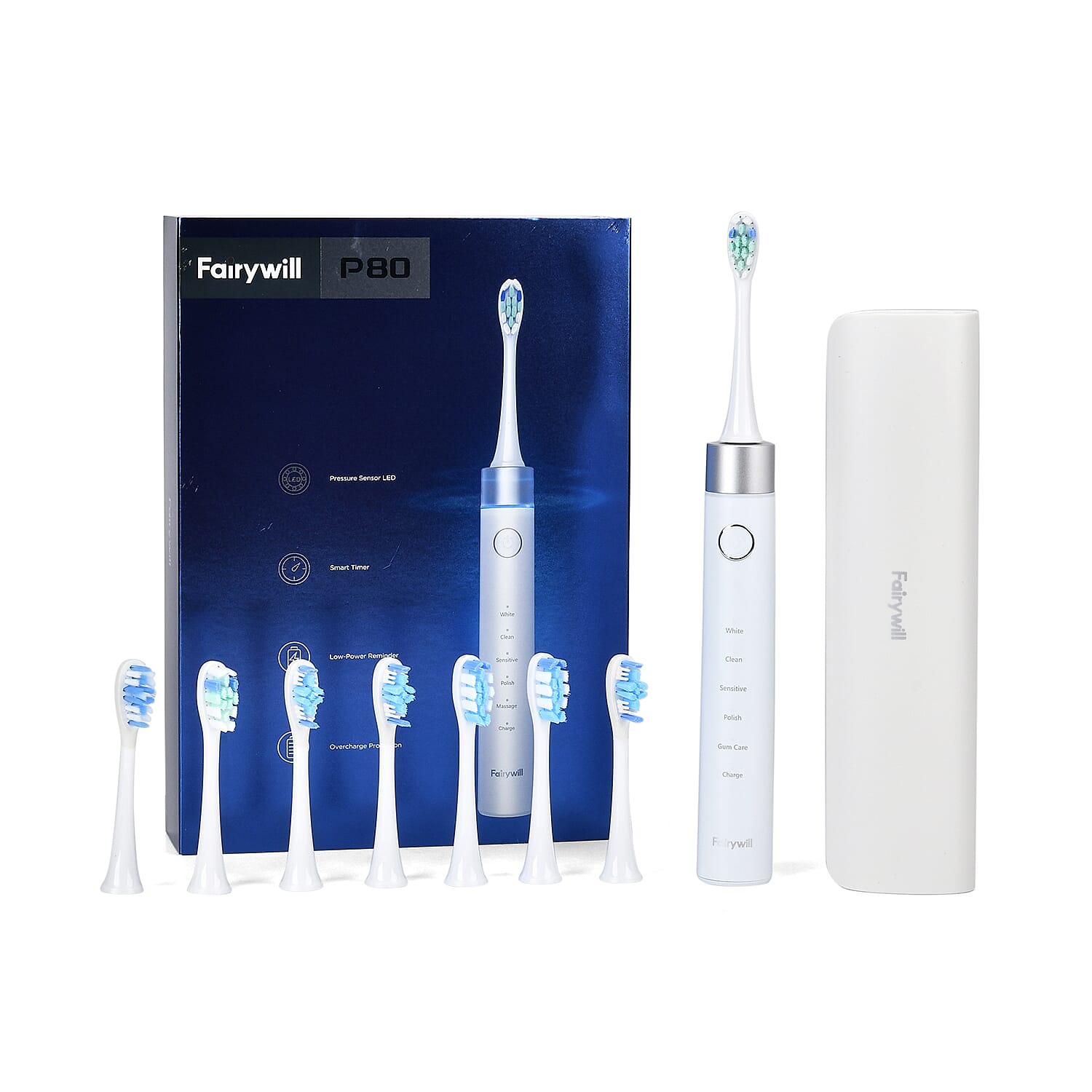 FairyWill P80 Pressure Sensor Sonic Electronic Toothbrush with 8 Heads and Travel Case