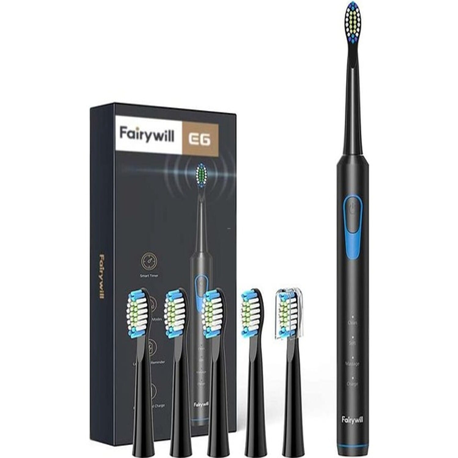 Fairywill Sonic Toothbrush With 6 Heads (18 Month Supply) - Features Clean, Soft & Massage Mode, 30 Days Between Charges, 4 Hour Charge Time, 40,000 Brushes Per Min