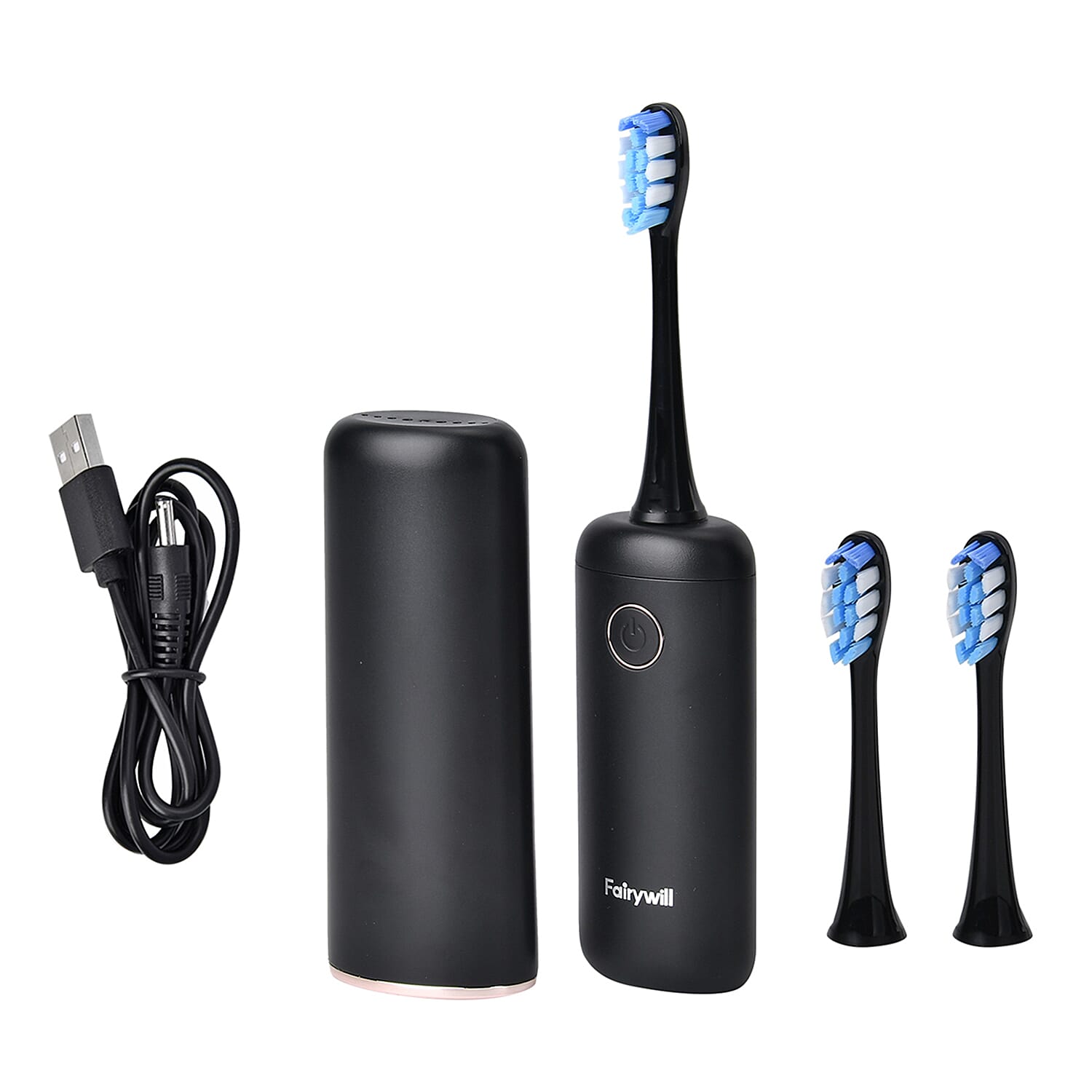 Fairywill T9 Electric Toothbrush with 4 Brush Heads & 1 Vented Cap (USB Powered 650mAh Rechargeable Battery) - Black