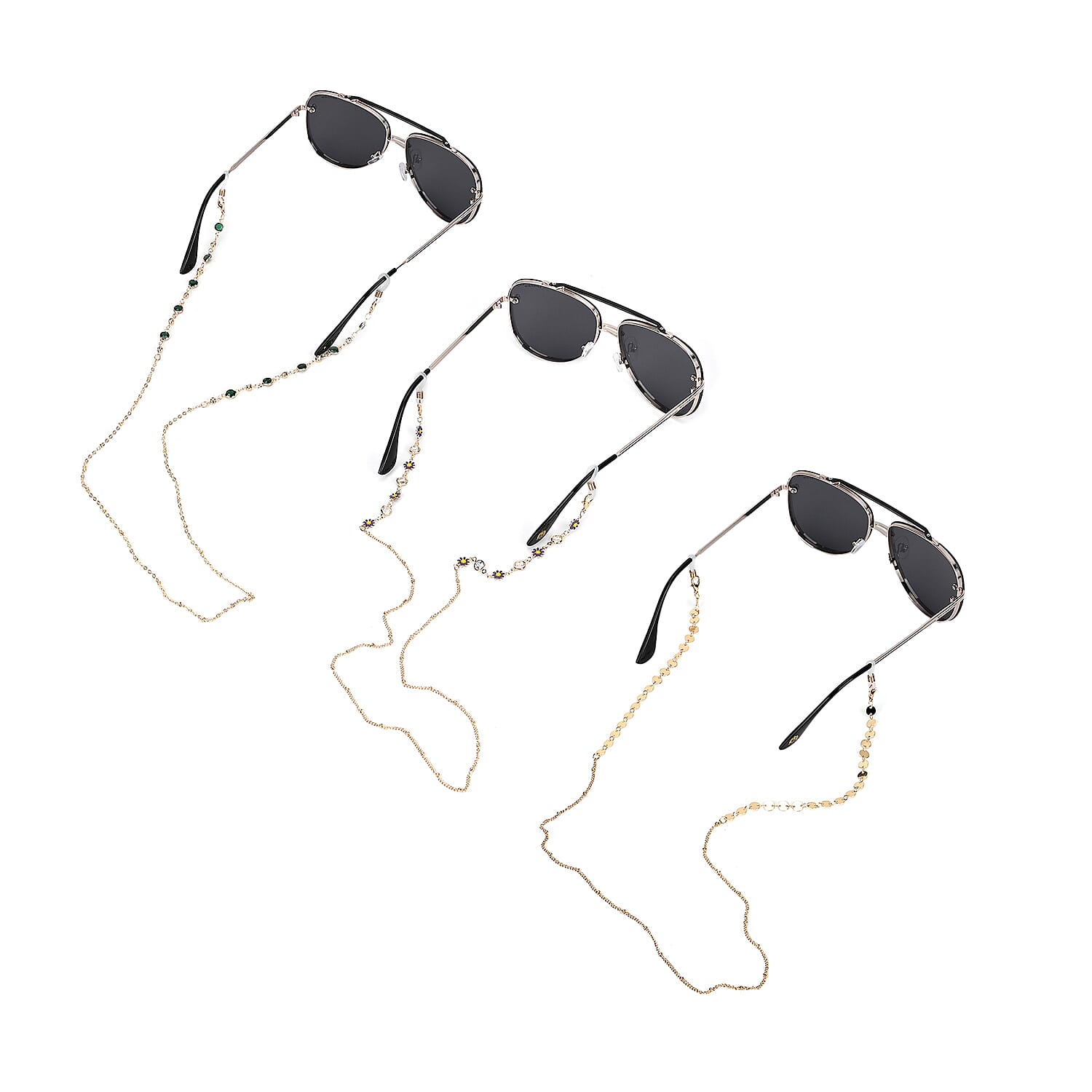 Set of 3 shiny Crystal Beaded Eyeglass Chains with 20pcs Rubber Rings - Brown & Silver