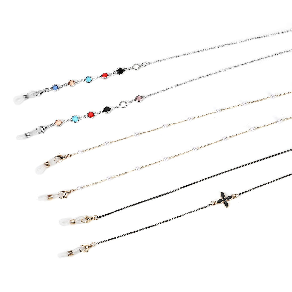 Set of 3 Shiny Crystal Beaded Eyeglass Chains with 20pcs Rubber Rings (Size 70x1x1 cm) - Gold & Silver
