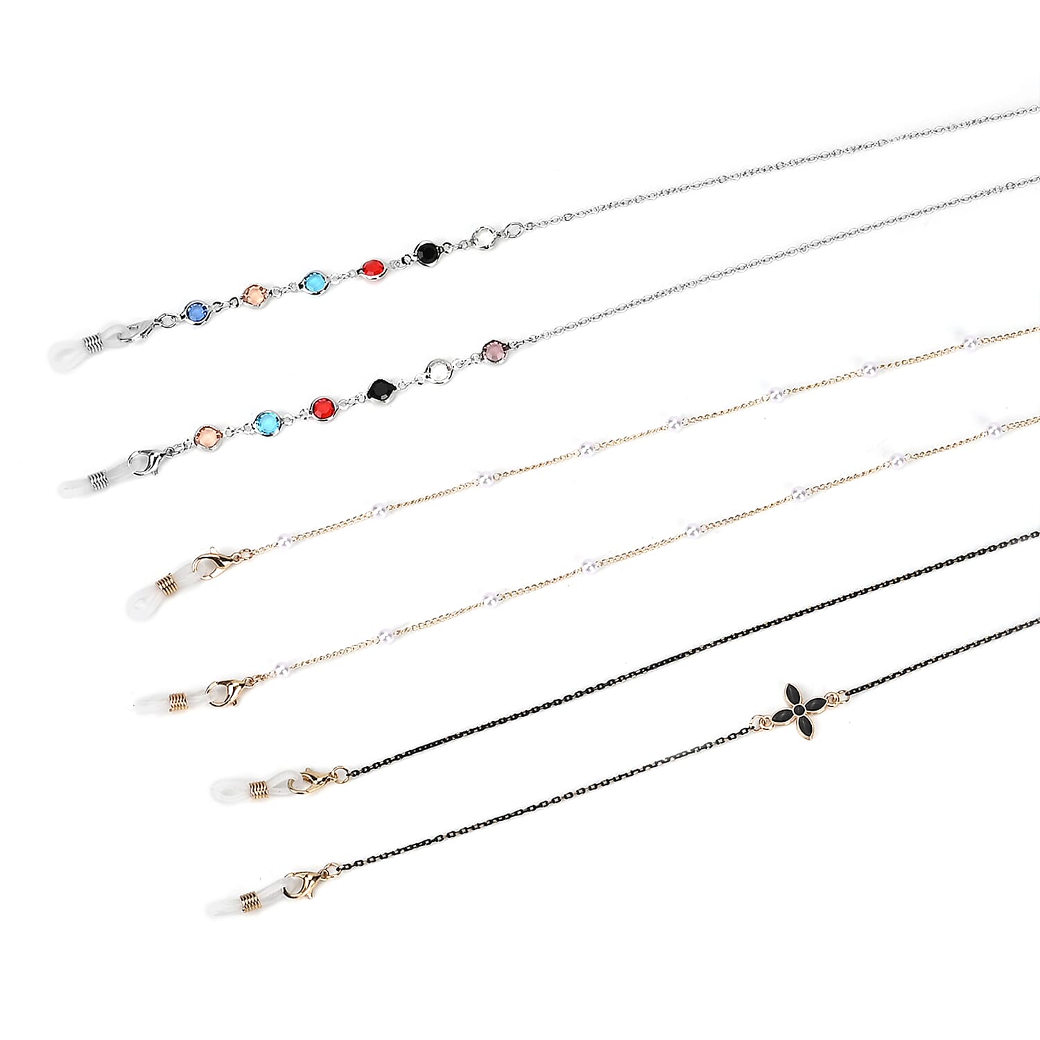 Set of 3 Shiny Crystal Beaded Eyeglass Chains with 20pcs Rubber Rings (Size 70x1x1 cm) - Gold & Silver