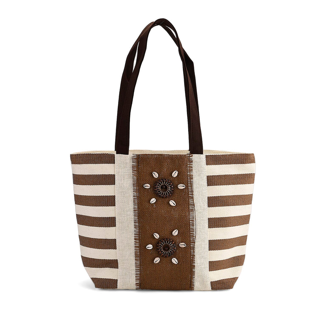Fashionable Stripe Tote with 3D Floral Pattern - Brown