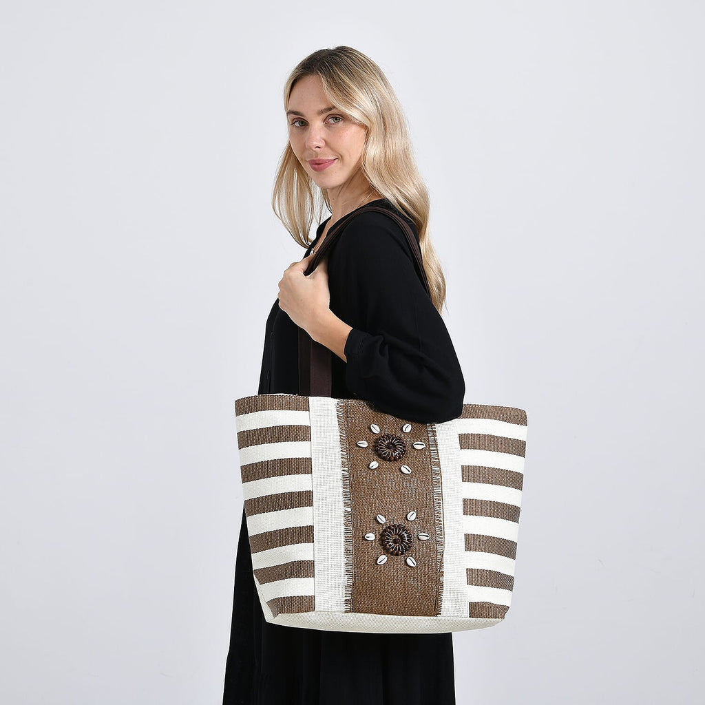 Fashionable Stripe Tote with 3D Floral Pattern - Brown