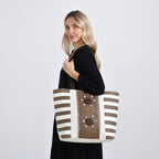 Fashionable Stripe Tote with 3D Floral Pattern - Brown