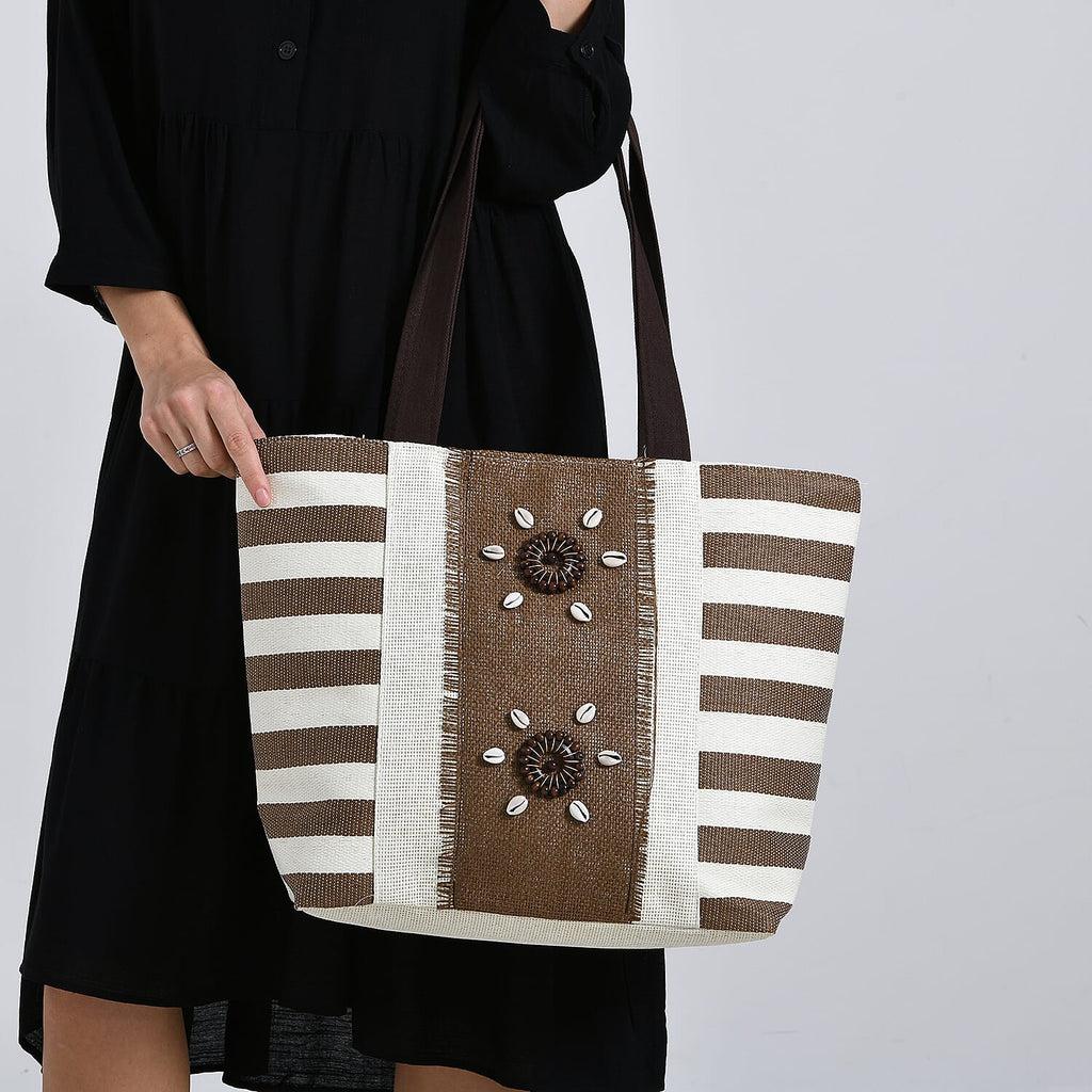 Fashionable Stripe Tote with 3D Floral Pattern - Brown