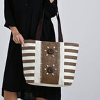 Fashionable Stripe Tote with 3D Floral Pattern - Brown