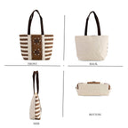 Fashionable Stripe Tote with 3D Floral Pattern - Brown