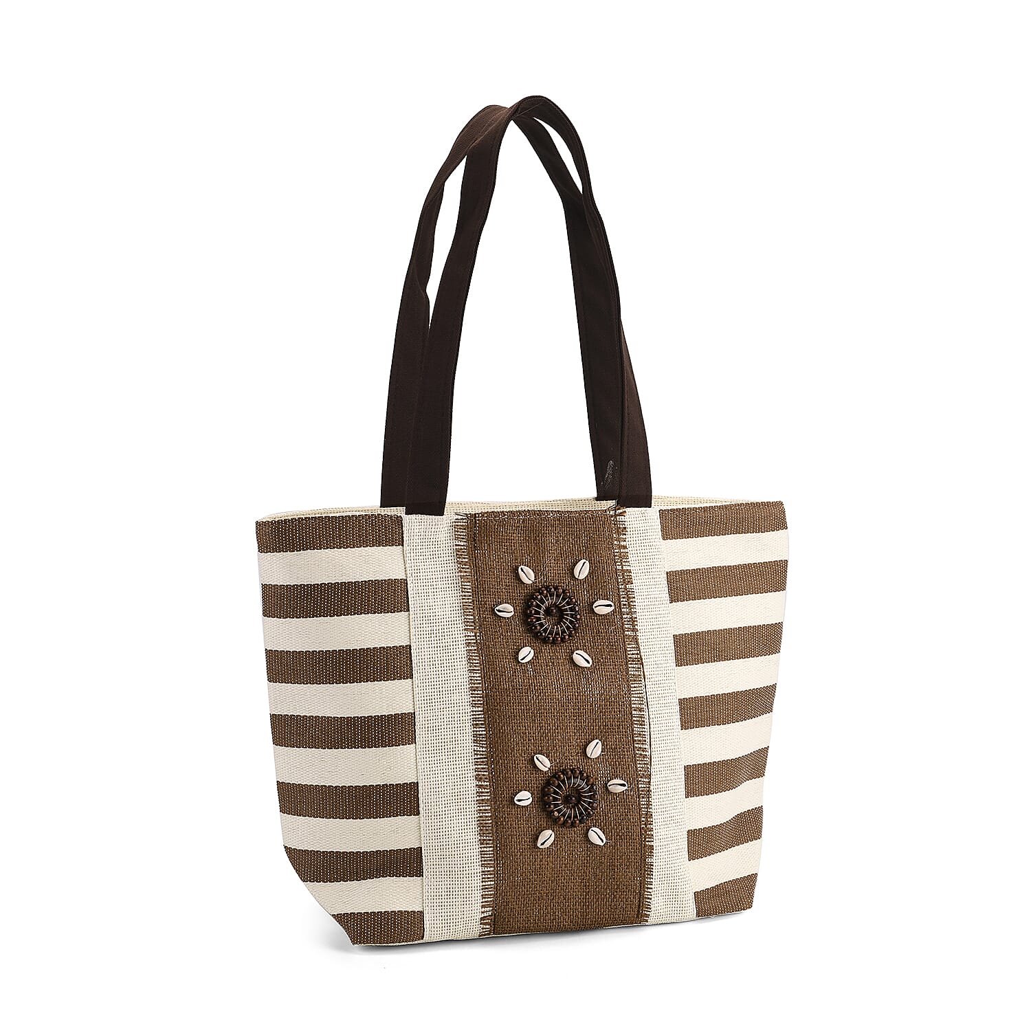 Fashionable Stripe Tote with 3D Floral Pattern - Brown