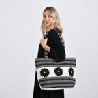 Fashionable Stripe Tote with Graphic Daisy Floral Appliques